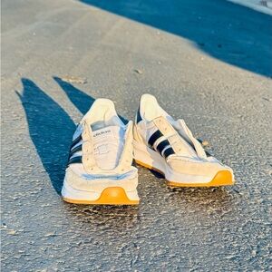 adidas White Sneakers with 3 Black Stripes and Yellow Soles